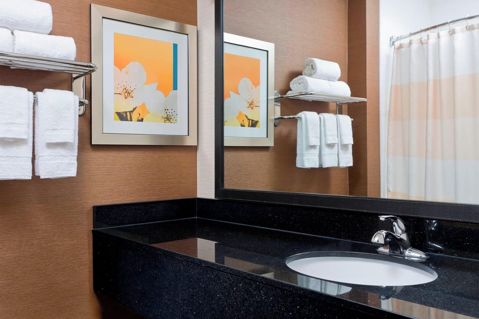 Combined shower/tub, free toiletries, hair dryer, towels