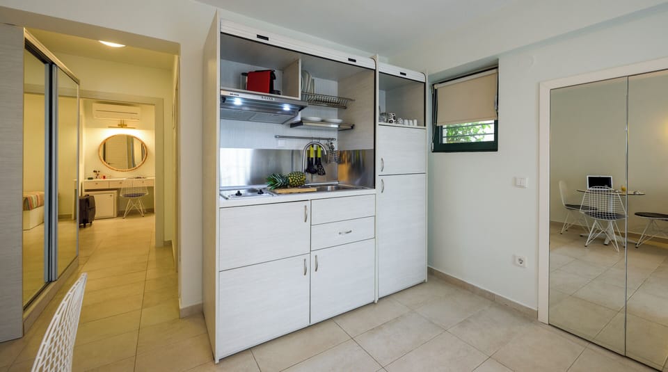 Deluxe Apartment, Sea View (Ground floor) | Private kitchen | Fridge, microwave, stovetop, coffee/tea maker