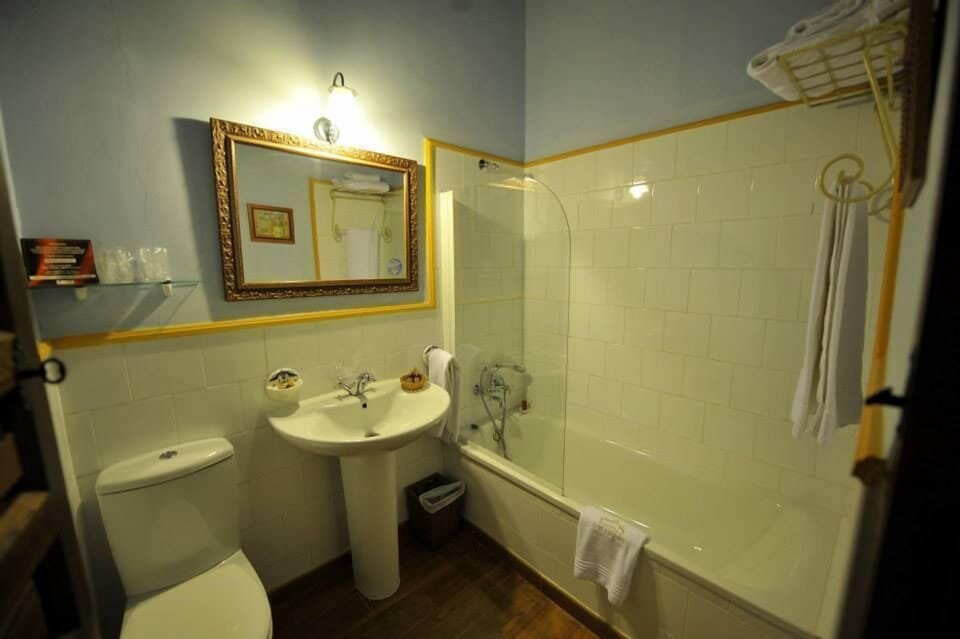 Combined shower/tub, free toiletries, hair dryer, towels
