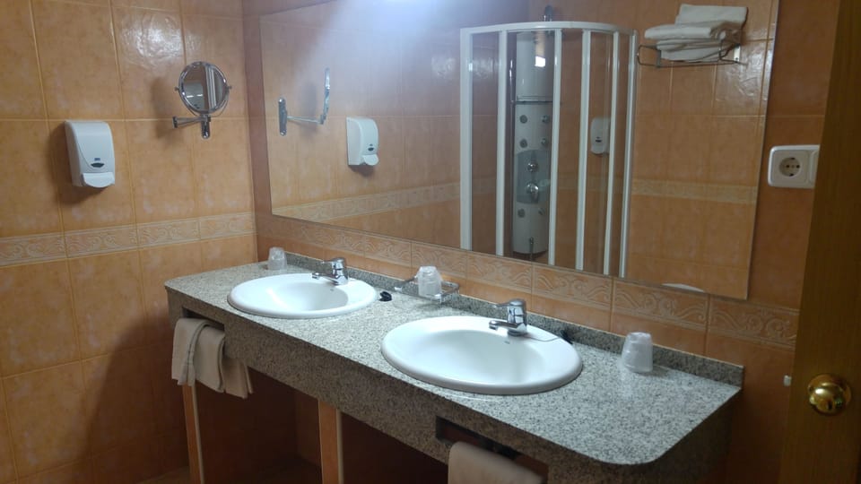 Deep soaking tub, rainfall showerhead, bidet, towels