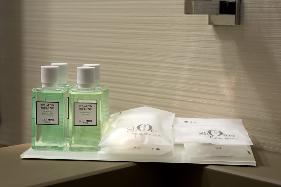 Shower, rainfall showerhead, free toiletries, hair dryer