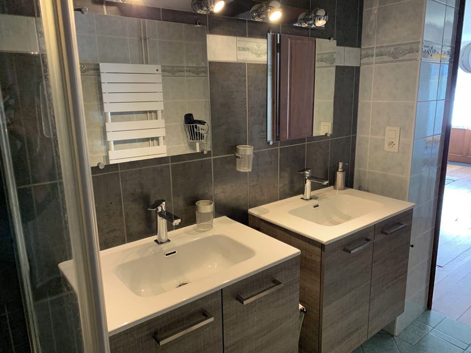 Suite (Jura) | Bathroom | Shower, hair dryer, towels