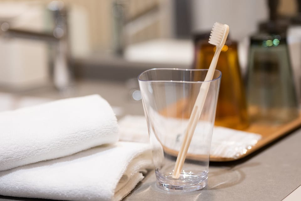 Combined shower/tub, free toiletries, hair dryer, slippers