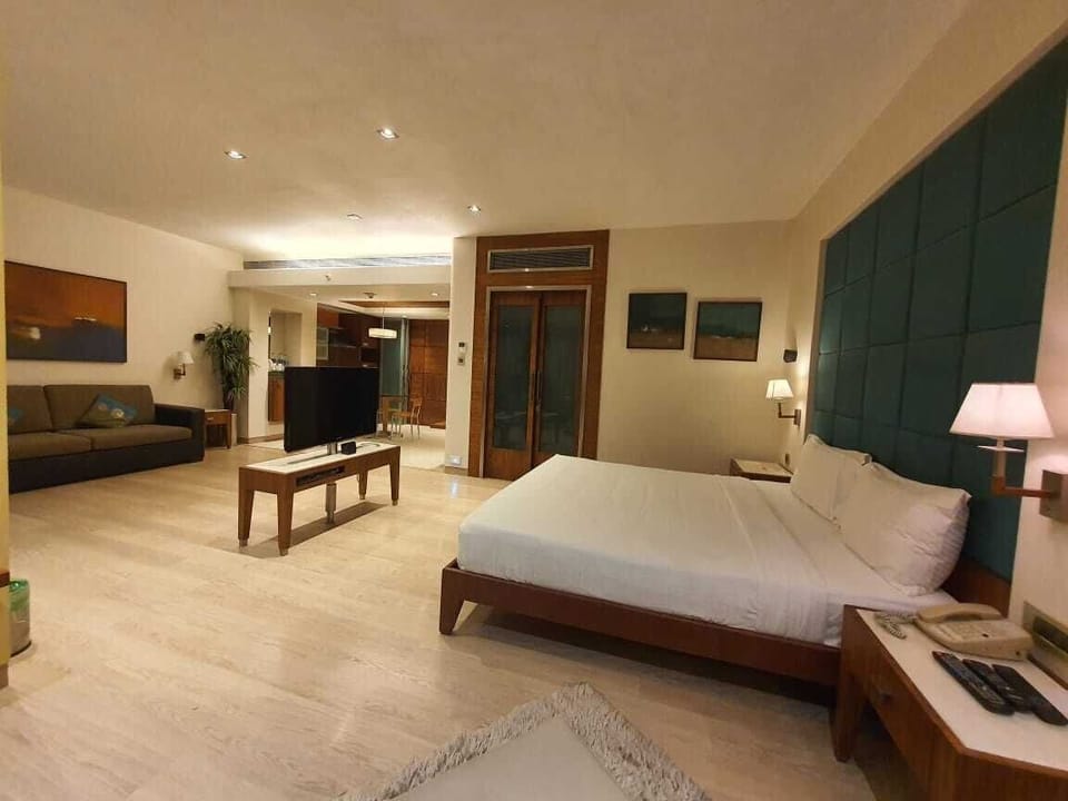 Executive Suite, 1 King Bed | Living area | 32-inch LCD TV with cable channels, TV, first-run movies