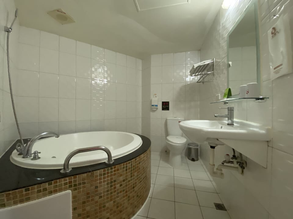 Hair dryer, slippers, towels, soap