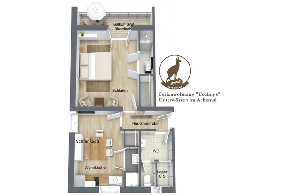 Ferienwohnung „FEELINGS“, 45 m², 1-3 Personen, Schlafzimmer, Wohnküche, Dusche/WC, Balkon, WLAN Apartment in Bavaria