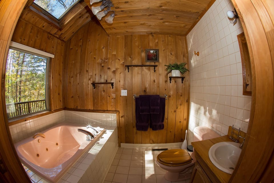 Verdant views from master bathroom with large Jacuzzi, skylight, and warm cedar