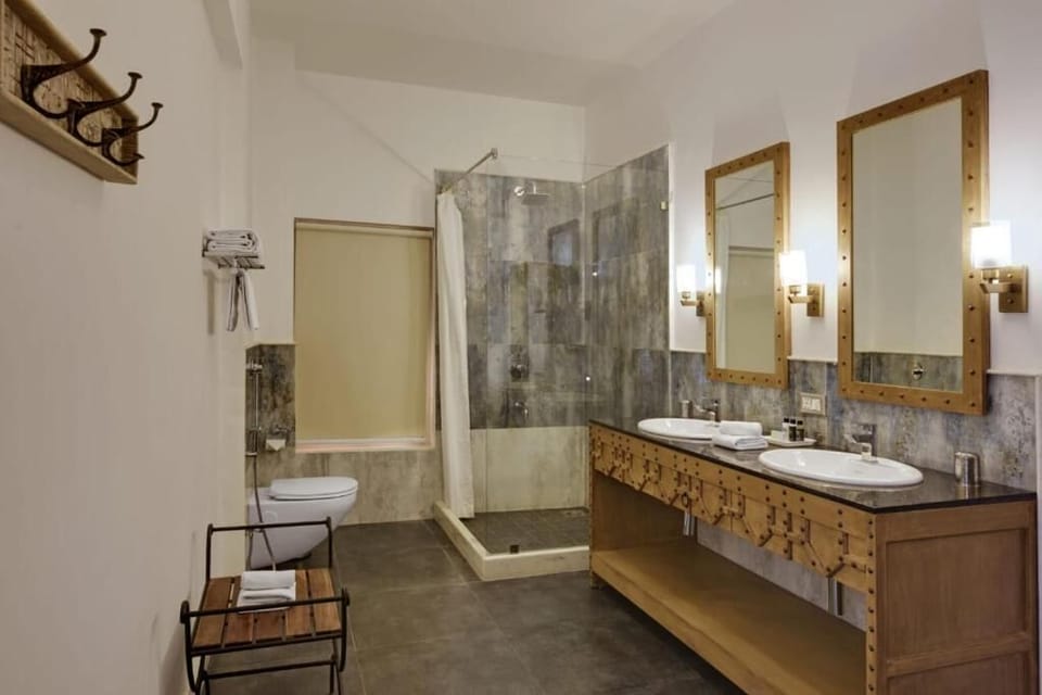 Shower, rainfall showerhead, bathrobes, slippers