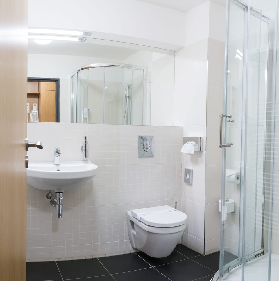 Shower, free toiletries, hair dryer, towels