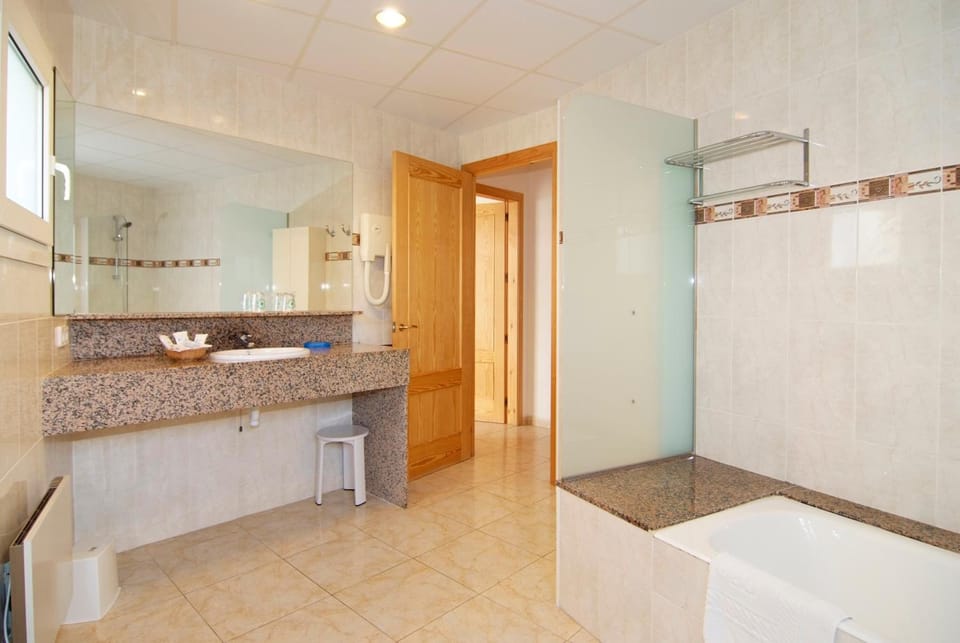 Bathtub, hair dryer, bidet, towels