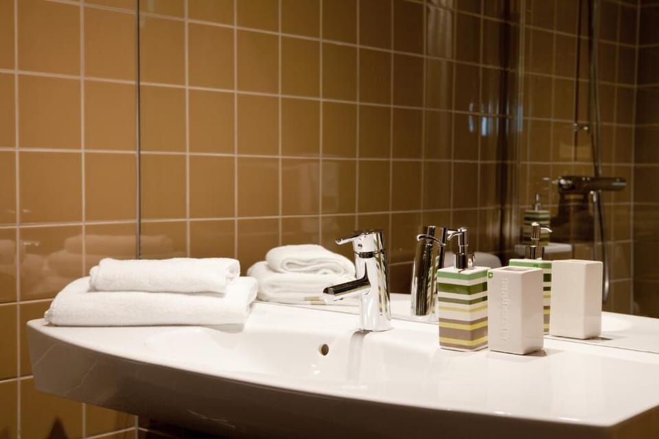 Shower, free toiletries, hair dryer, towels