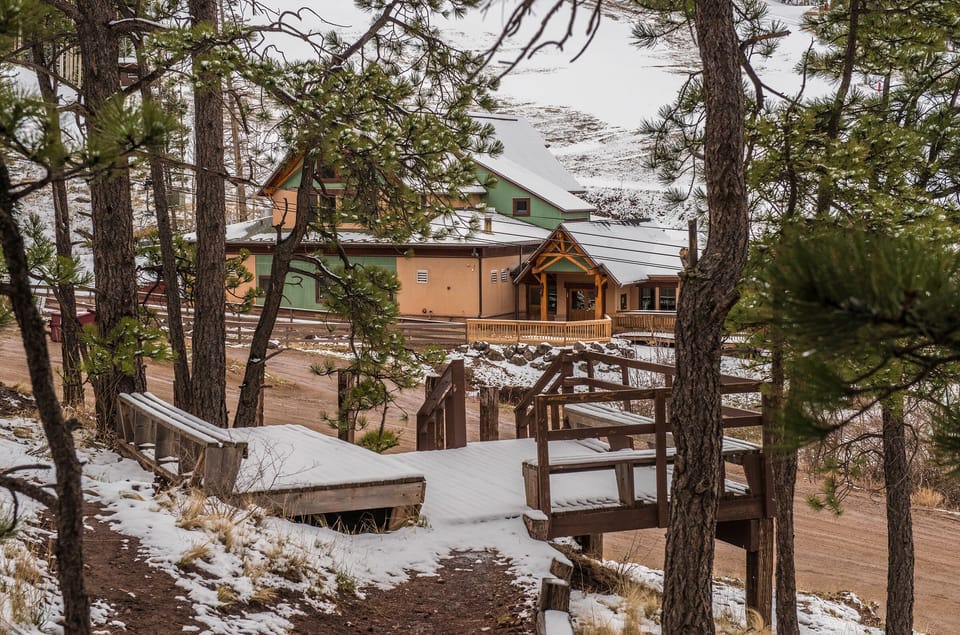 Stepping down to the skiing, biking, shopping and restaurant areas.