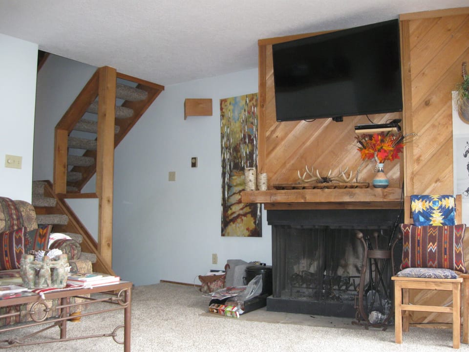 Wood burning fireplace in the living room equipped with TV/DVR, pillows/blankets