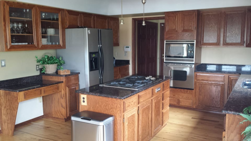 Fully equipped kitchen with Wolf gas stove, downdraft vent, and dishwasher