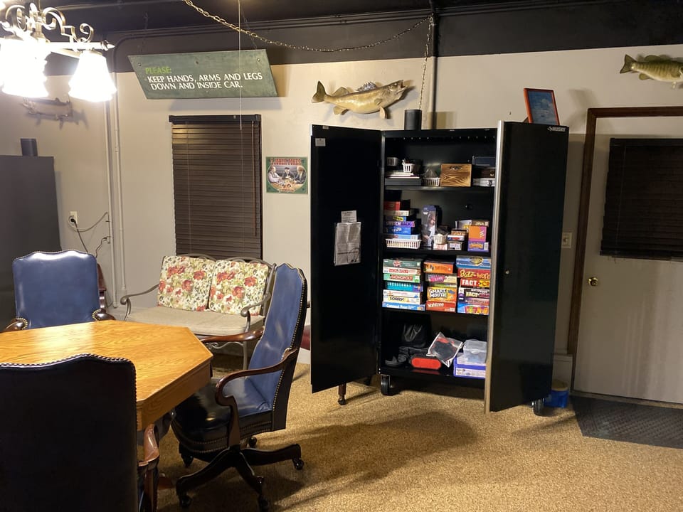 Rec Room Game Cabinet and Door Leading to Outdoor In-Ground Hot Tub.