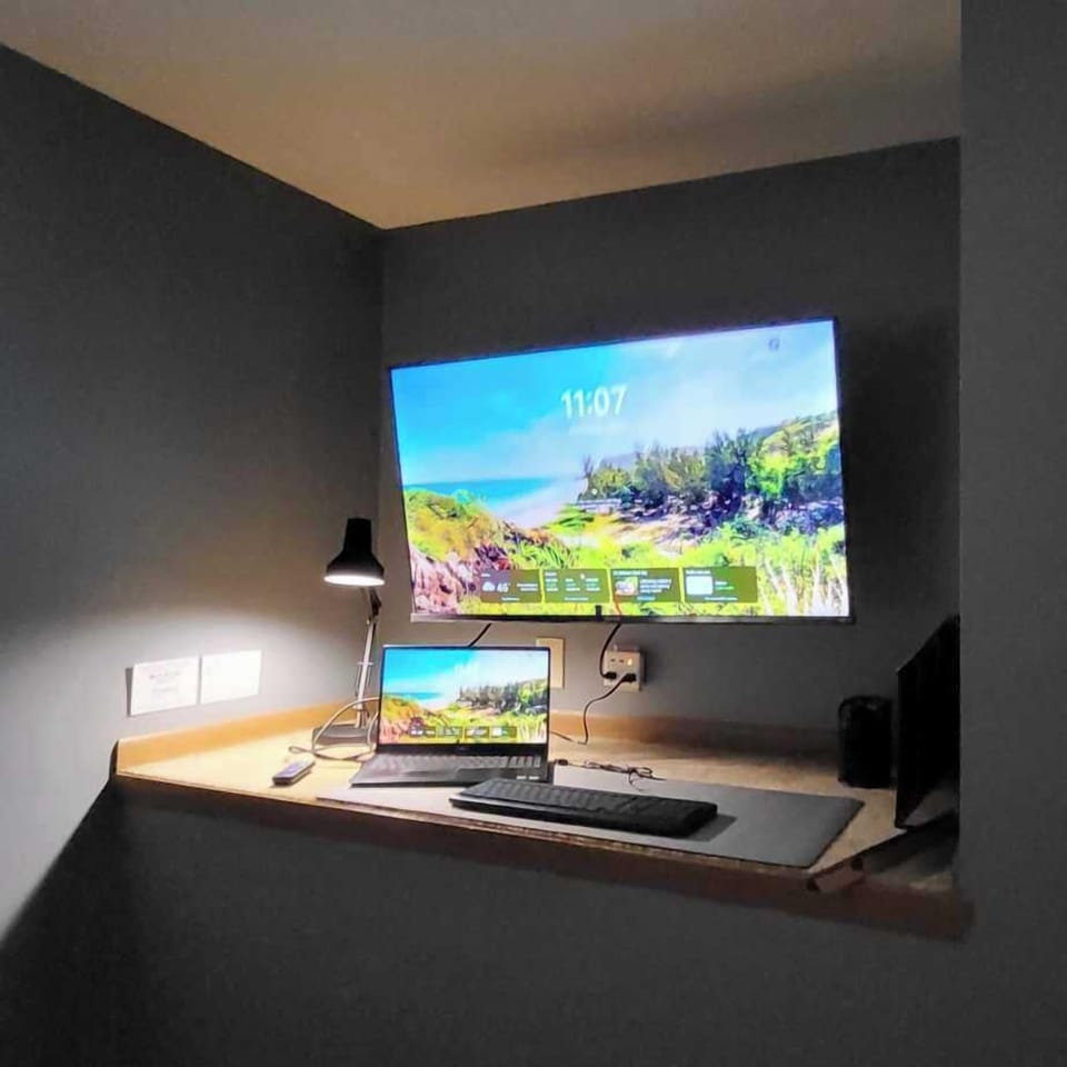 Remote workstation in upstairs bedroom: Standing desk set-up with ROKU smart TV, lamp, HDMI cable, USB mouse/keyboard, and FREE high-speed fiber optic wi-fi access.