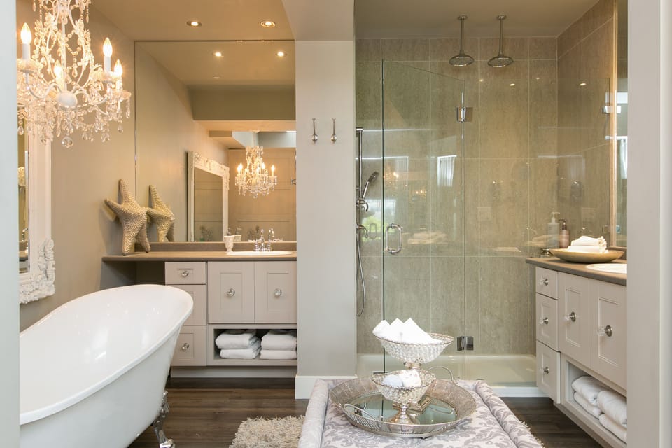 Master Ensuite with Floor to Ceiling Glass Shower, Antique Tub, Dual Vanities