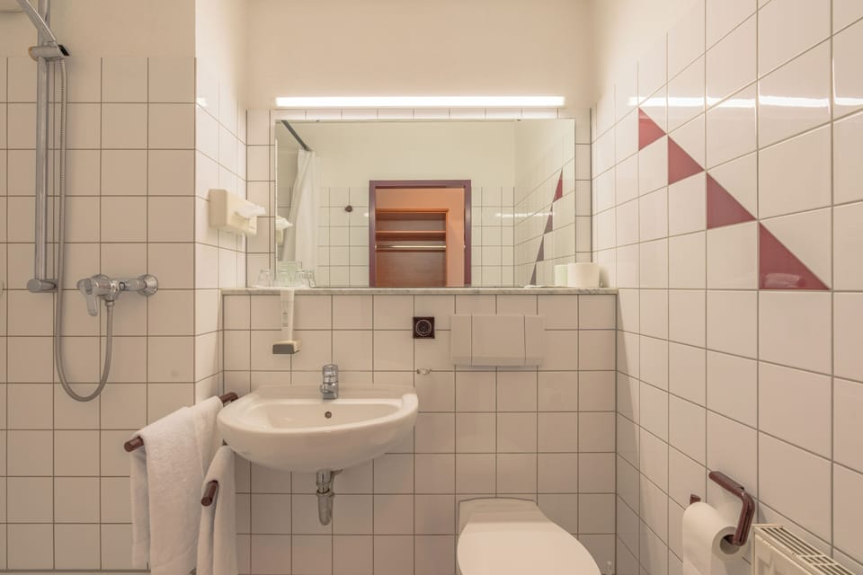 Shower, eco-friendly toiletries, hair dryer, towels