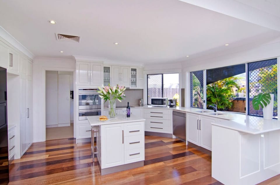 Gourmet kitchen with large island bench and generous prep space