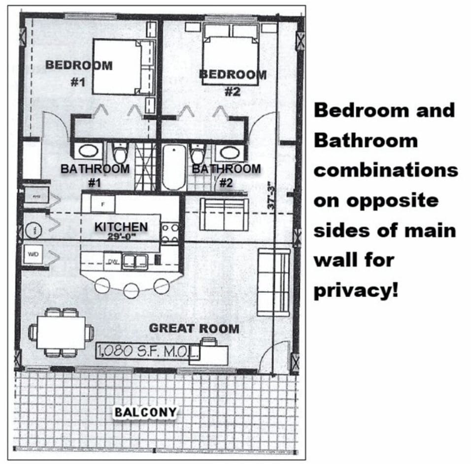 Bedroom & bathroom combinations are on opposite sides of main wall for privacy.