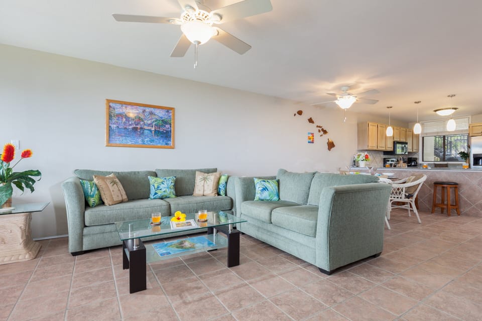 Living Area with updated furnishings at our Kona Villa