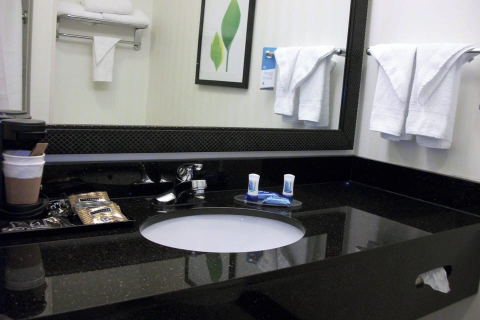Combined shower/tub, free toiletries, hair dryer, towels