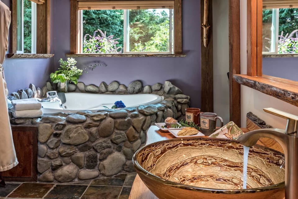 Cabin (Mount St. Helens) | Bathroom | Separate tub and shower, rainfall showerhead, designer toiletries