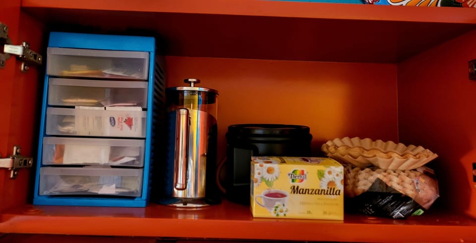 Condiments, possibly some coffee, and possibly some tea