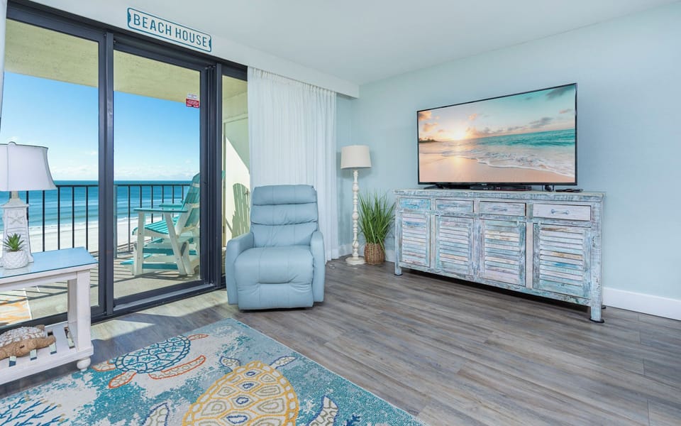 Kick back in the comfy chair or the sofa with a queen sleeper and stream your favorite shows with a beachfront view