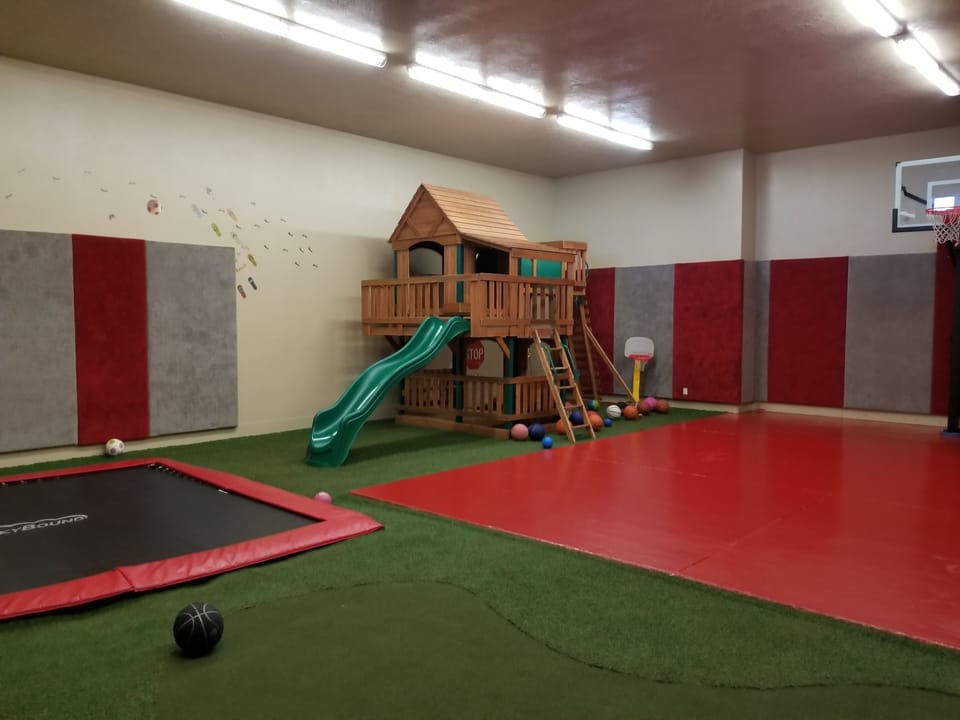 Playroom, with basketball, buried trampoline, putting green, and playhouse