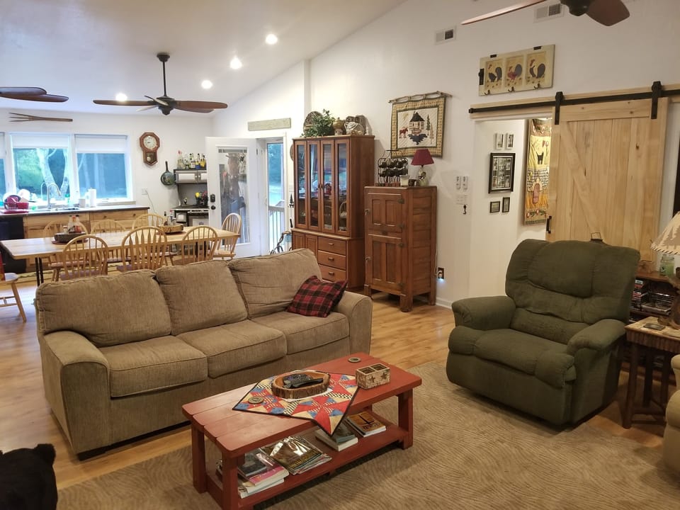 Family room looking to front door and sliding barn door going to the bedrooms.