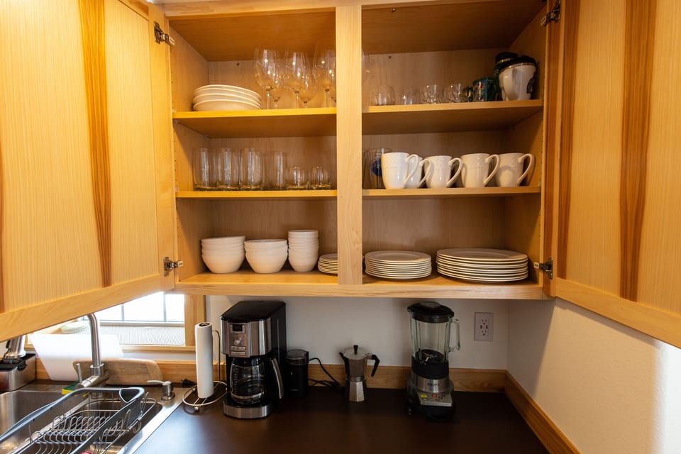 Lots of dinnerware and glassware to meet your needs.