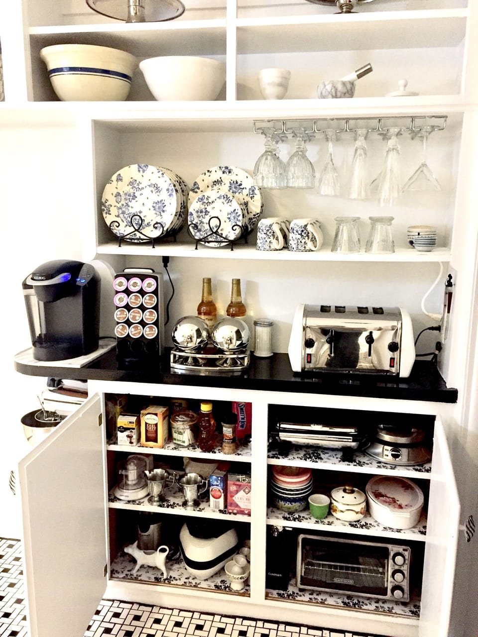 Keurig coffee bar with toaster, waffle iron and cupcake/muffin maker.