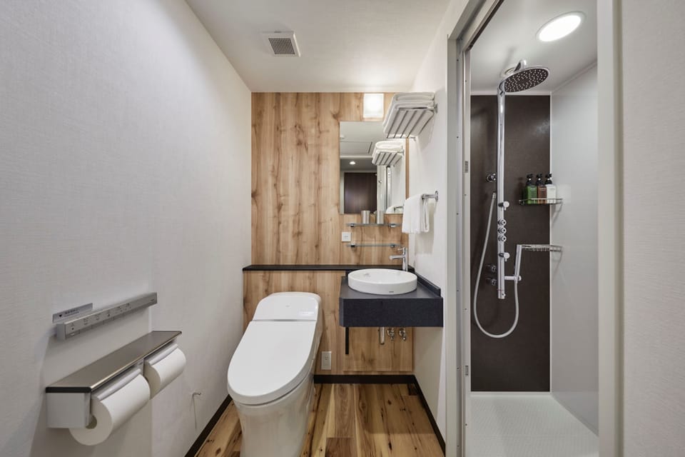 Shower, free toiletries, hair dryer, slippers