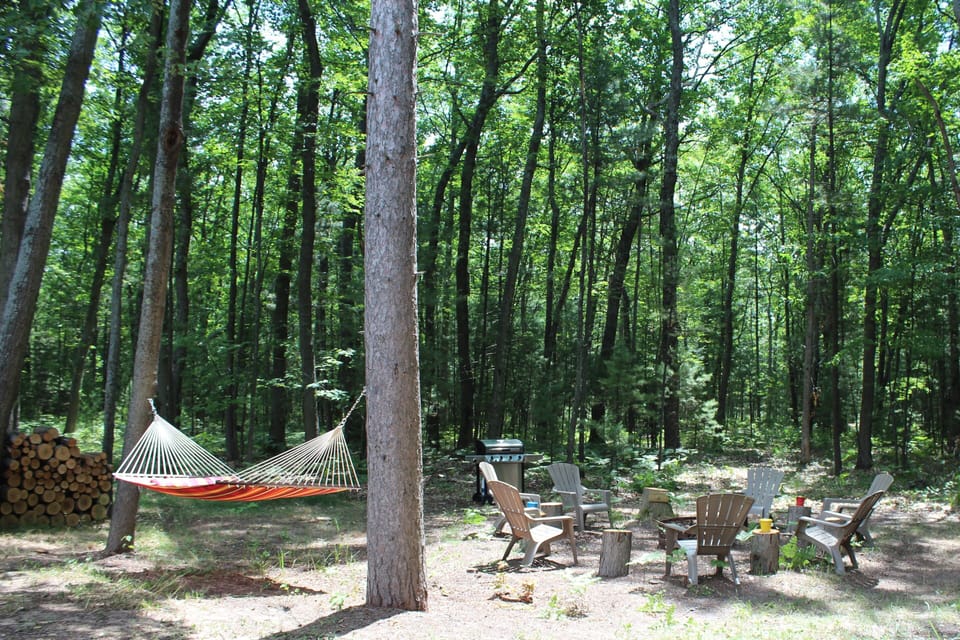 Quiet fire pit area behind the house with BBQ grill and hammock