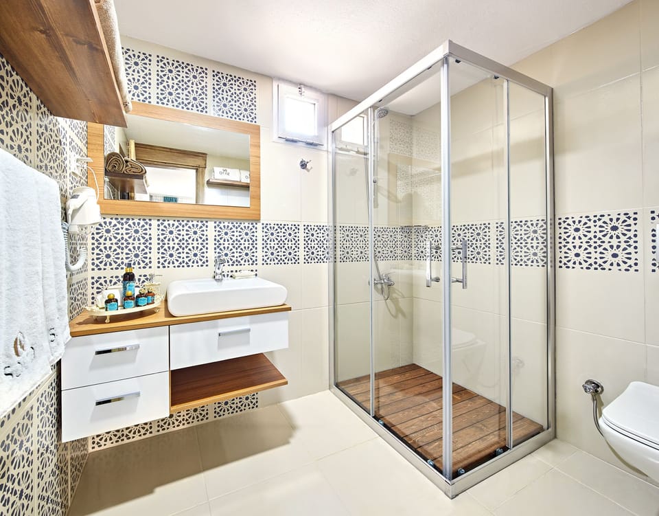 Shower, free toiletries, hair dryer, slippers