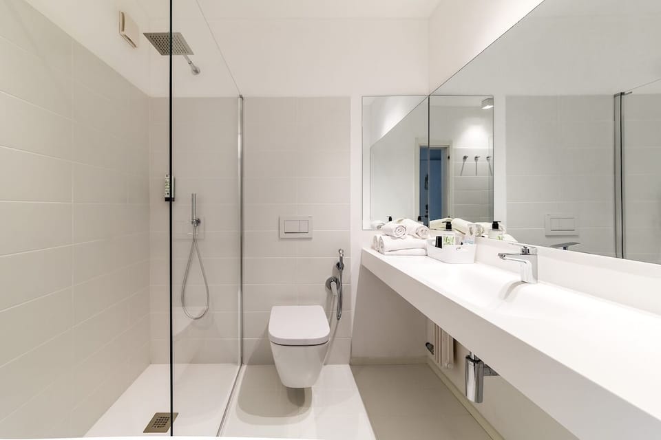 Shower, rainfall showerhead, free toiletries, hair dryer