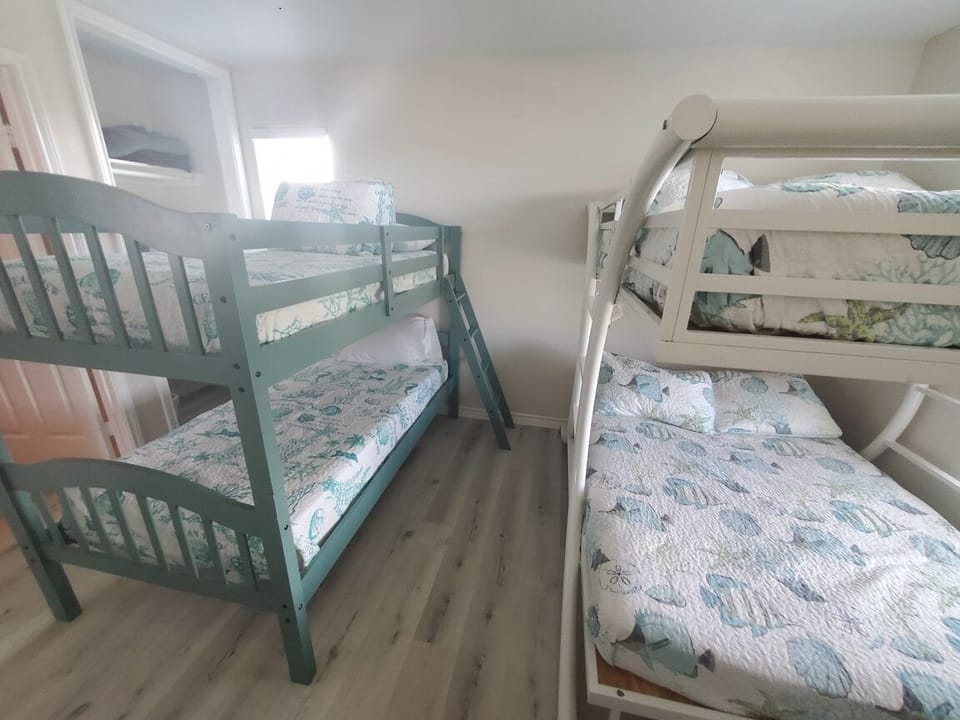 One full/full bunkbed and one twin/twin bunk bed.  