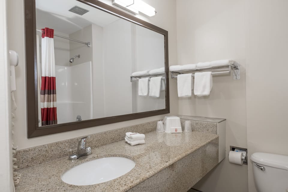 Combined shower/tub, free toiletries, hair dryer, towels
