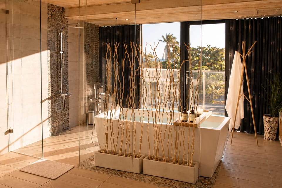 Luxury Double Room | Bathroom | Separate tub and shower, rainfall showerhead, hair dryer, towels