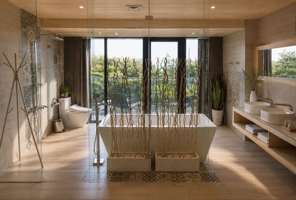 Separate tub and shower, rainfall showerhead, hair dryer, towels