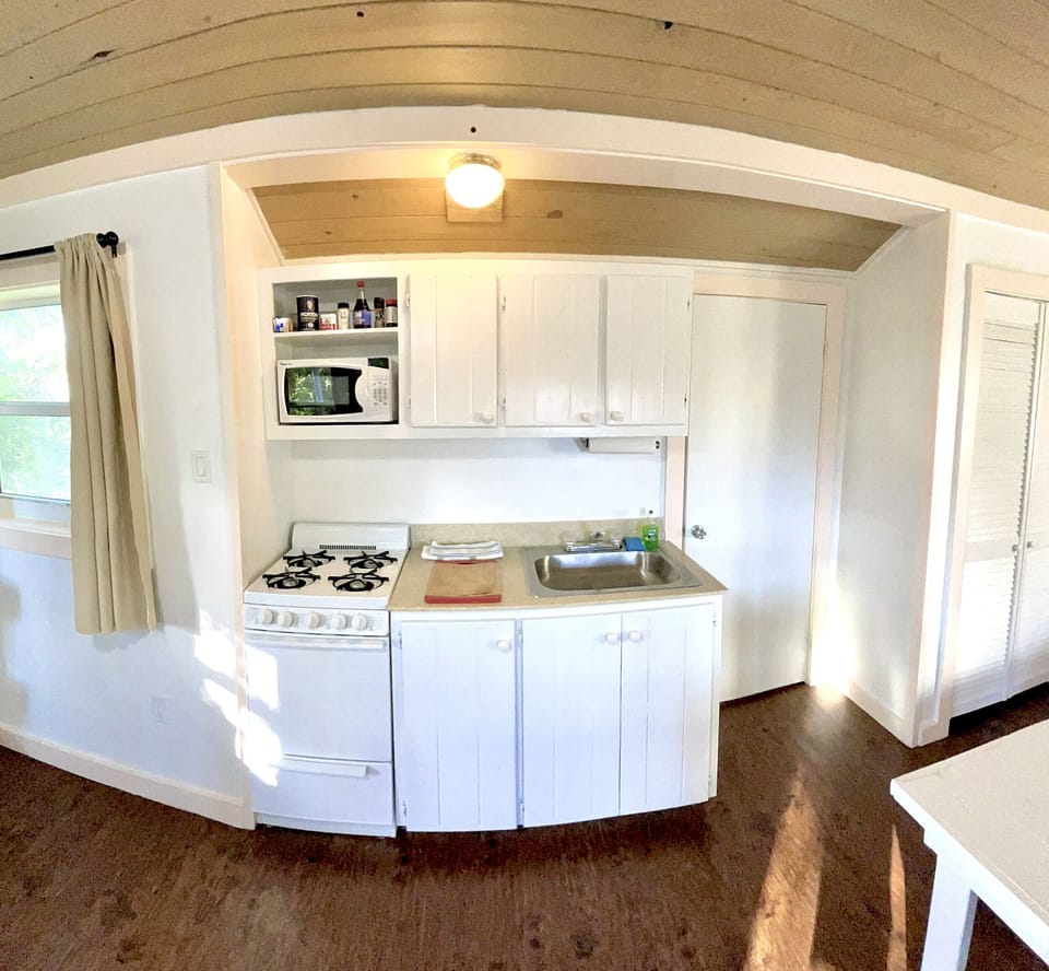 Full kitchen; fridge, gas stove/oven, microwave, toaster, etc. and dining for 2.