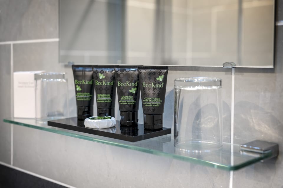 Combined shower/tub, hair dryer, towels, soap