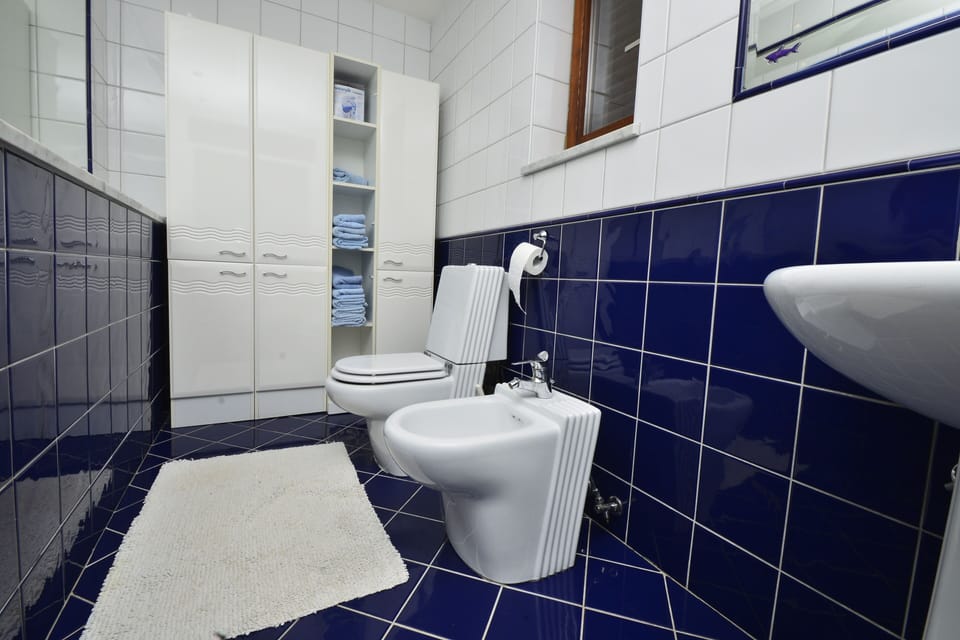 Blue bathroom with shower 