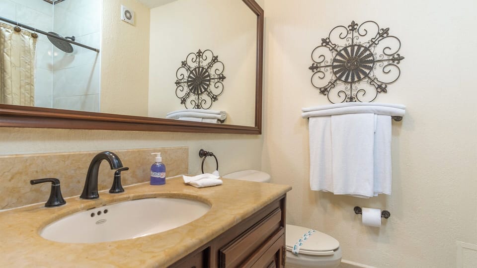 The second bathroom with shower and vanity.
