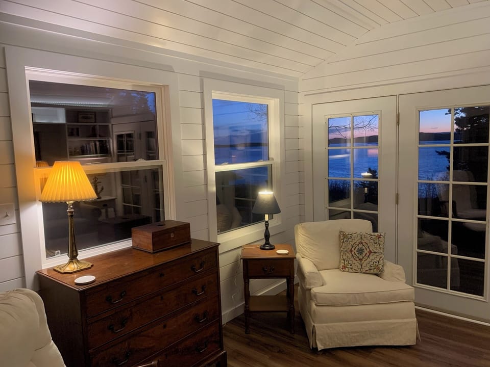 Oceanfront living room at dusk