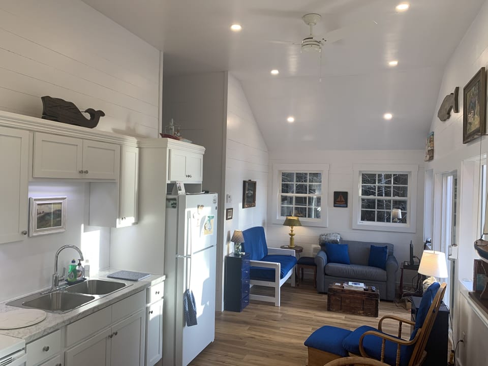 Renovated kitchen and living area with shaker style cabinets