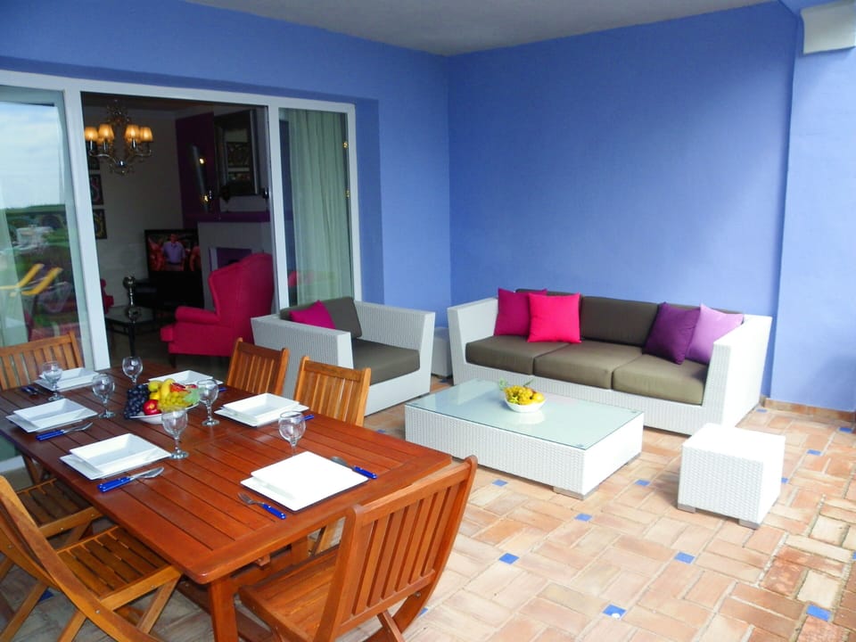Terrace with lounge furniture, sea view