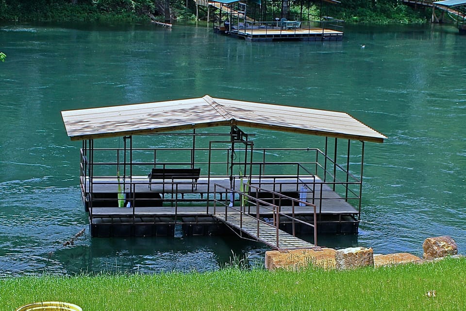 Floating dock steps from backdoor to fish from.