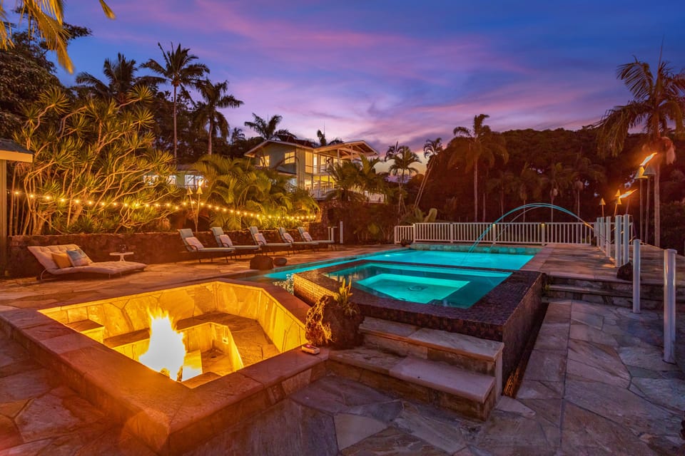 Twilight of Gas Fire pit and pool